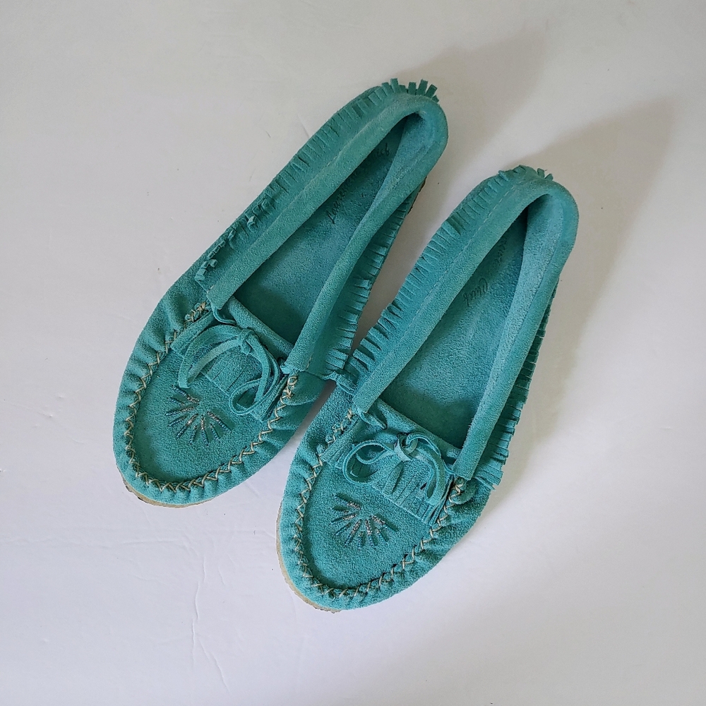 Laurentian Chief Moccasins Suede Fringe Size 8 Turquoise